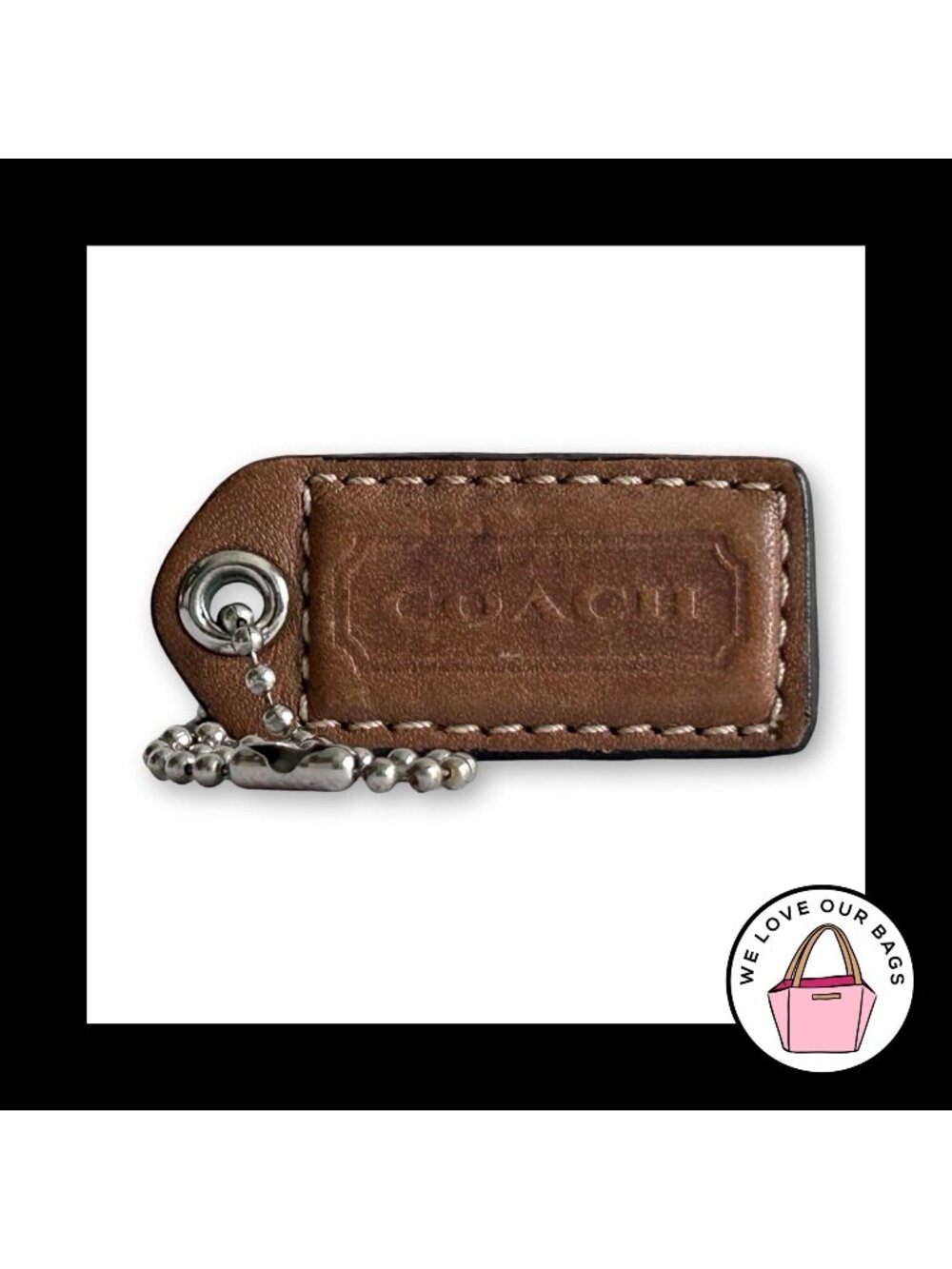 COACH Y2K VINTAGE Hang Tag 2" Brown Leather Bag Charm Keychain Fob Nickel Medium